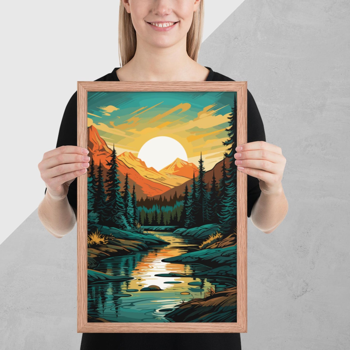 Forest Mountain River Framed Poster