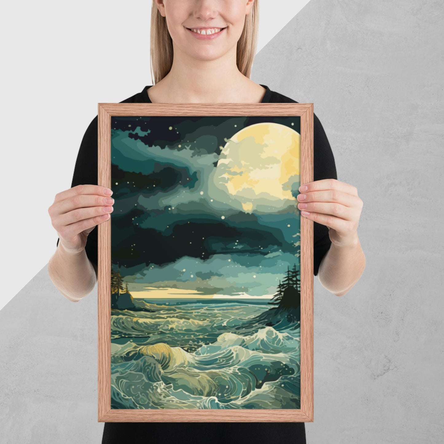 Nighttime Sea Moon Framed Poster