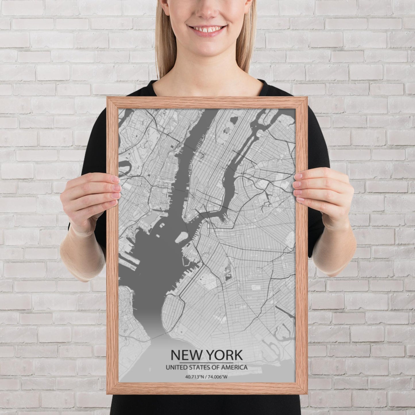 New York Light Grey Framed Map