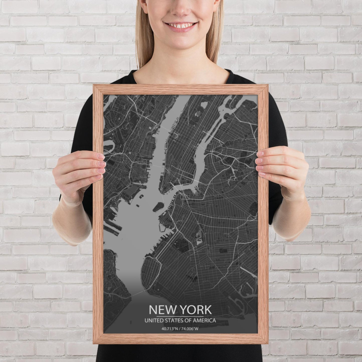 New York Dark Grey Framed Map