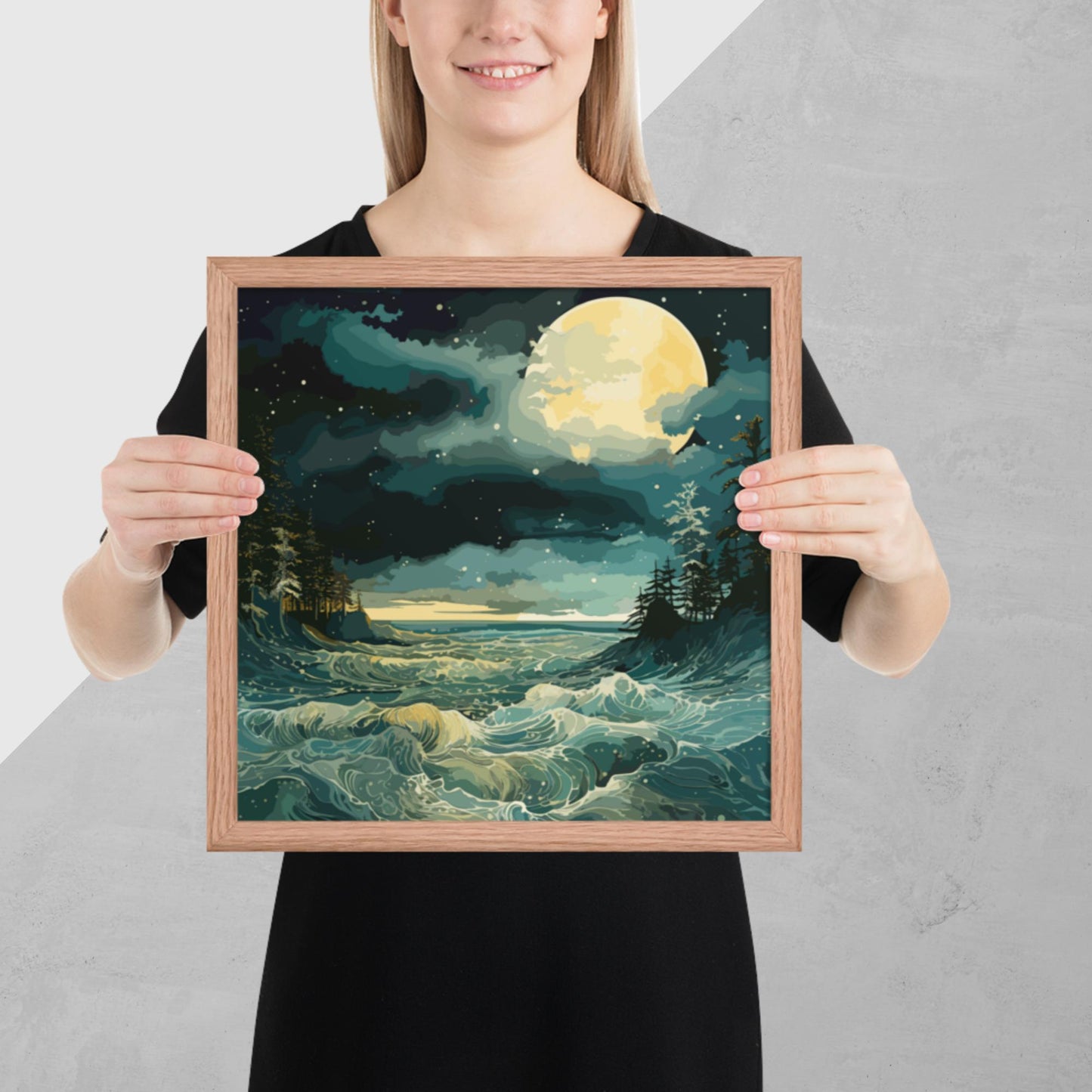 Nighttime Sea Moon Framed Poster