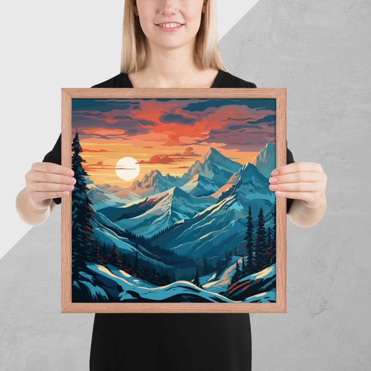 Snowy Mountain Sunset Framed Poster