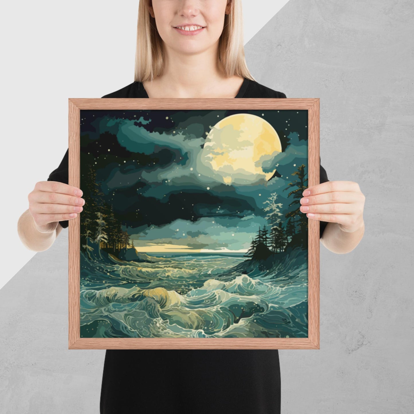 Nighttime Sea Moon Framed Poster