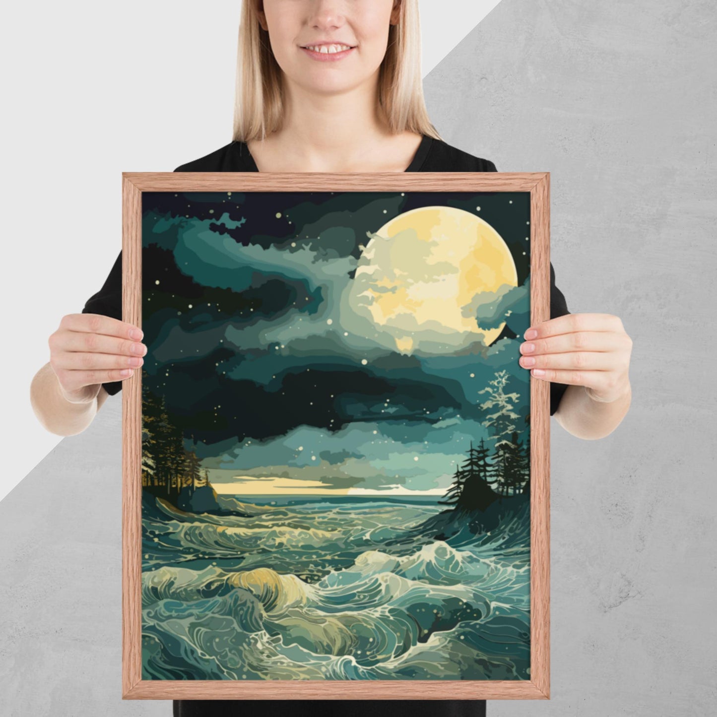 Nighttime Sea Moon Framed Poster