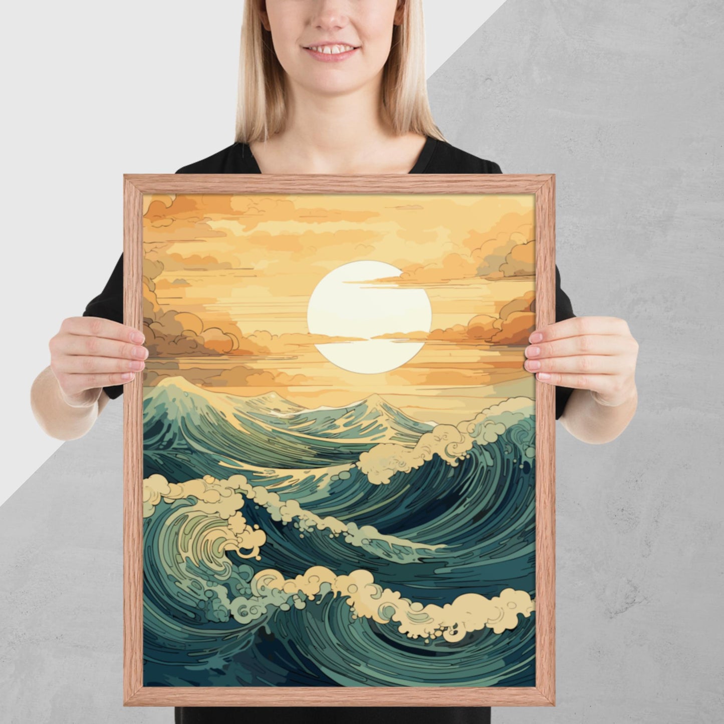 Wavy Sea Sunset Framed Poster