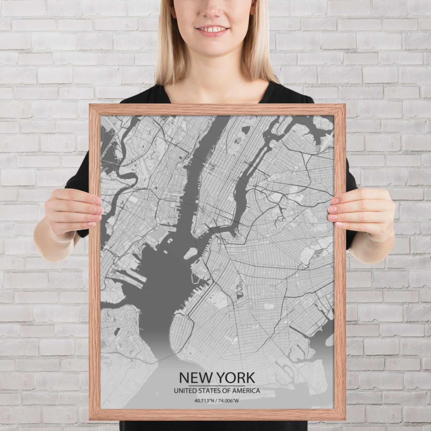 New York Light Grey Framed Map