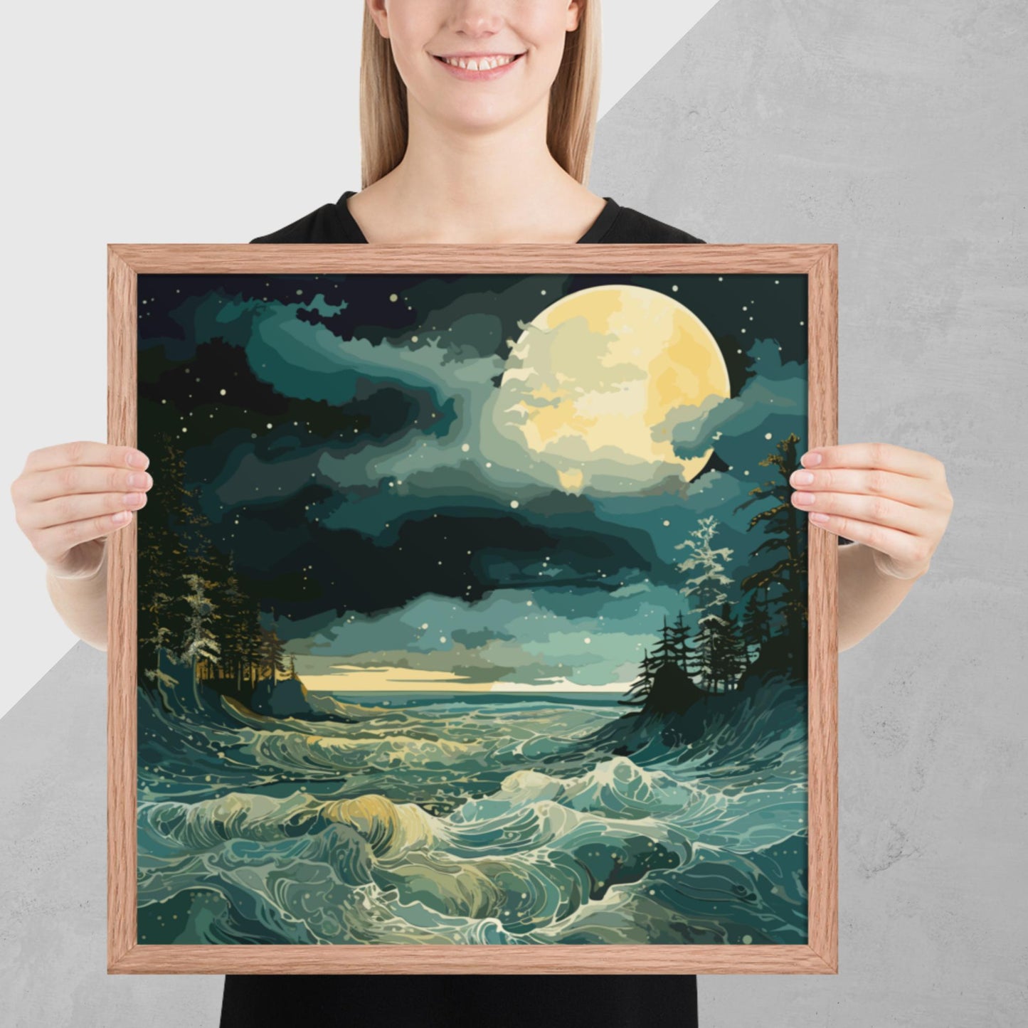 Nighttime Sea Moon Framed Poster