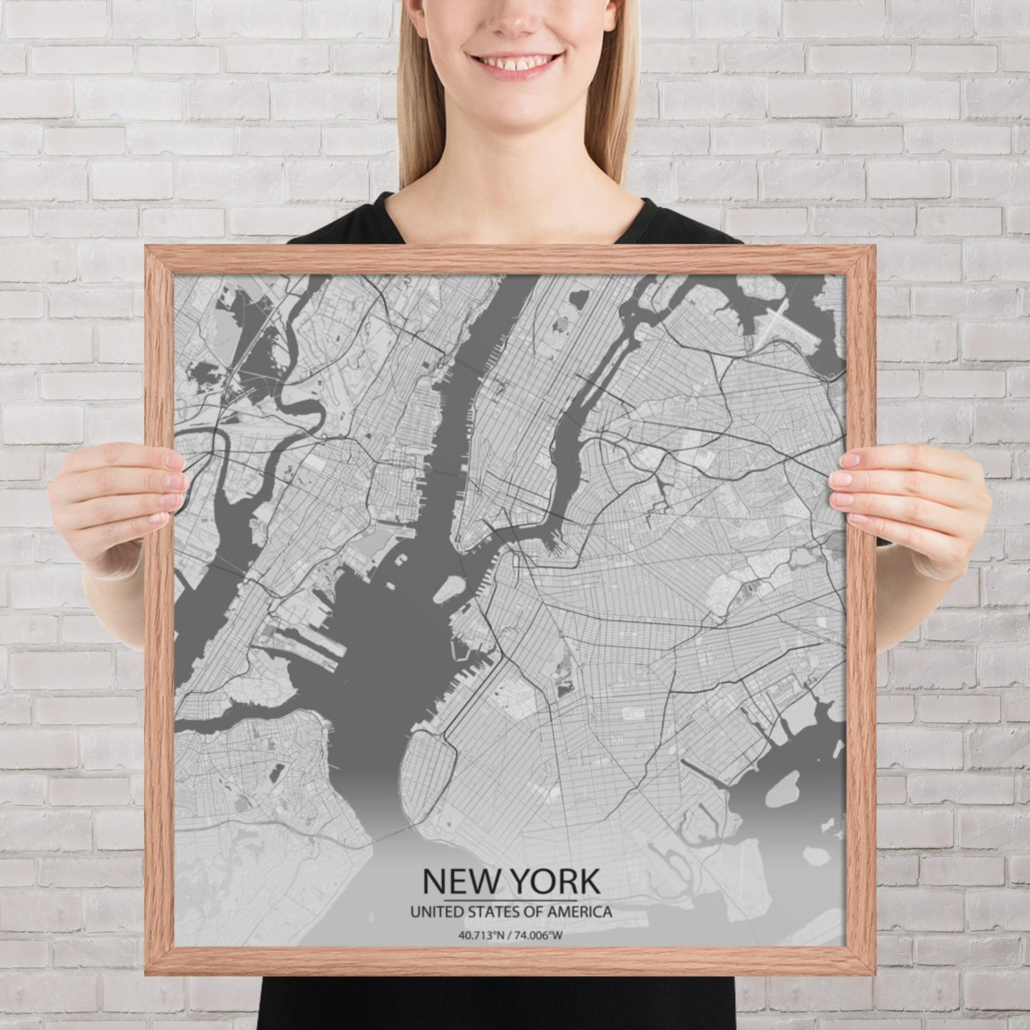 New York Light Grey Framed Map