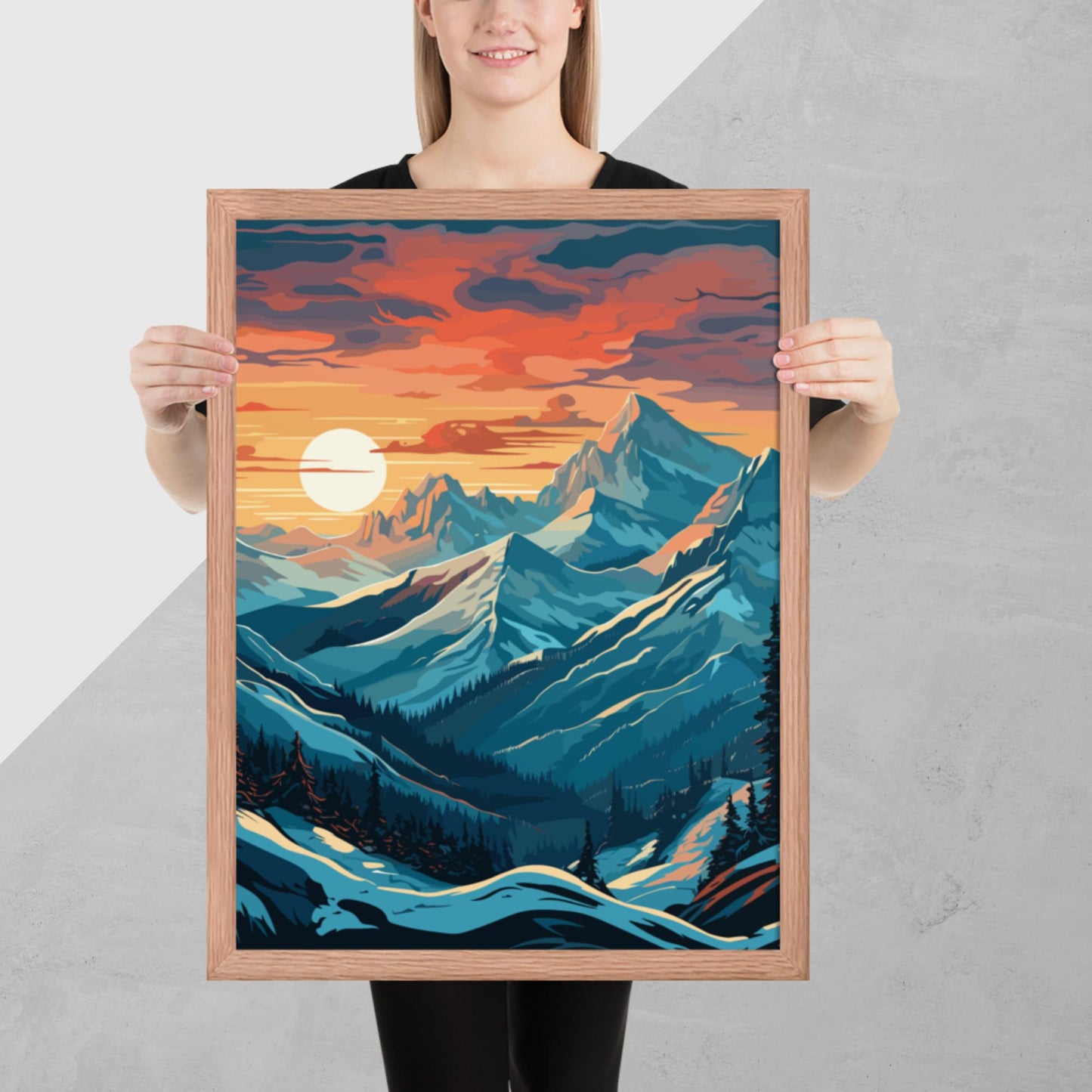 Snowy Mountain Sunset Framed Poster