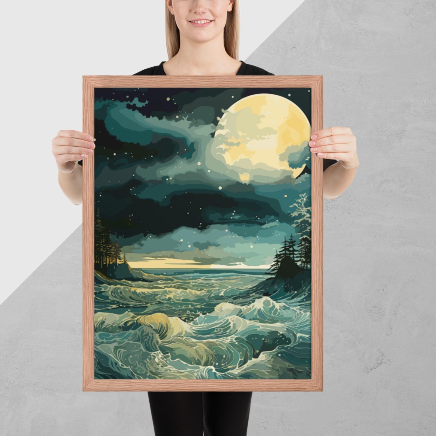 Nighttime Sea Moon Framed Poster