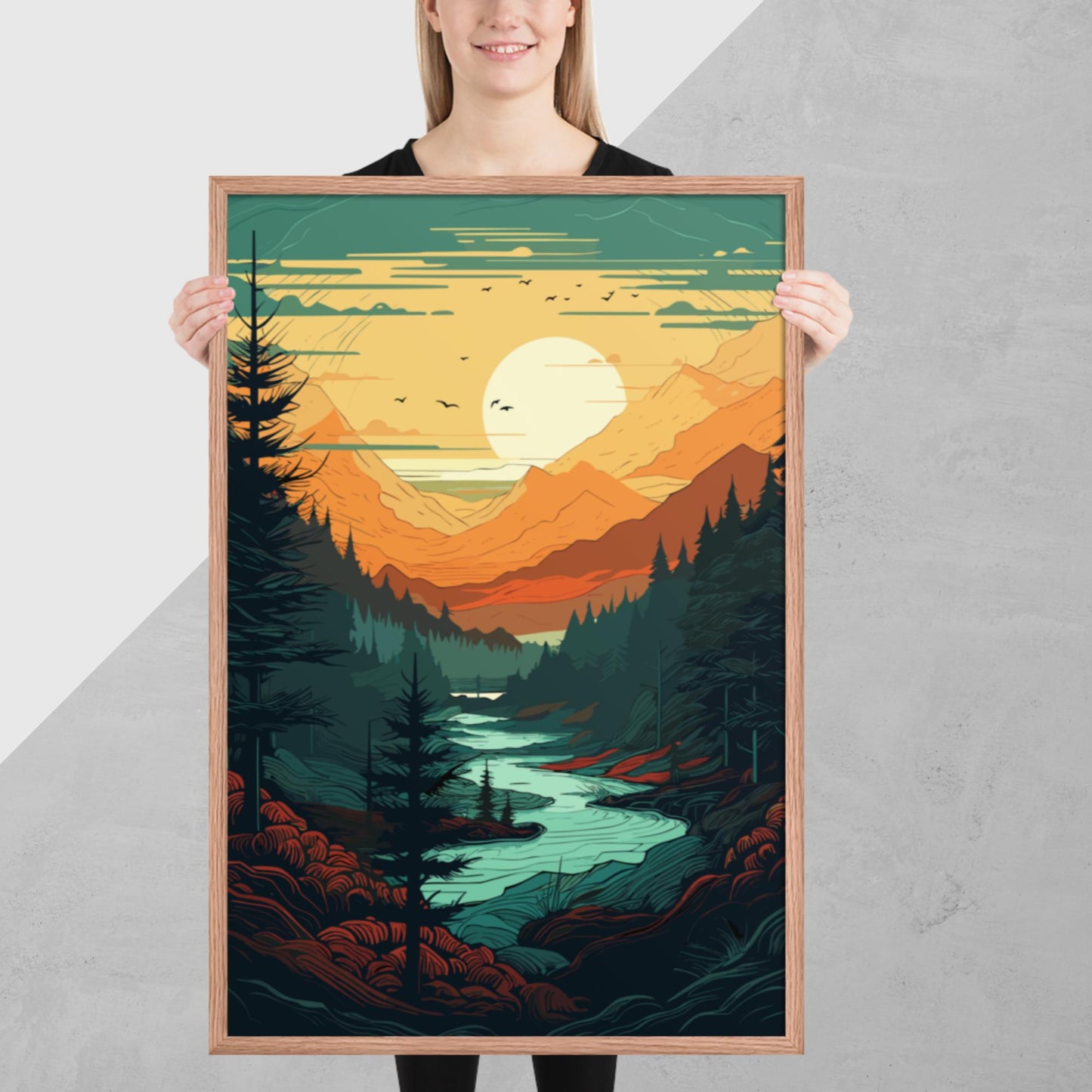 Forest River Sunset Framed Poster