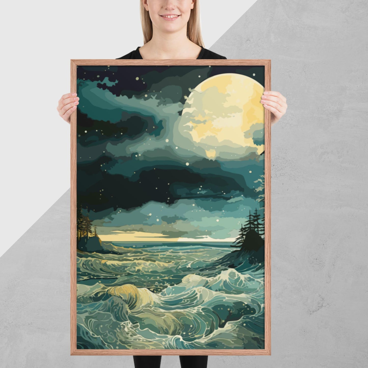 Nighttime Sea Moon Framed Poster