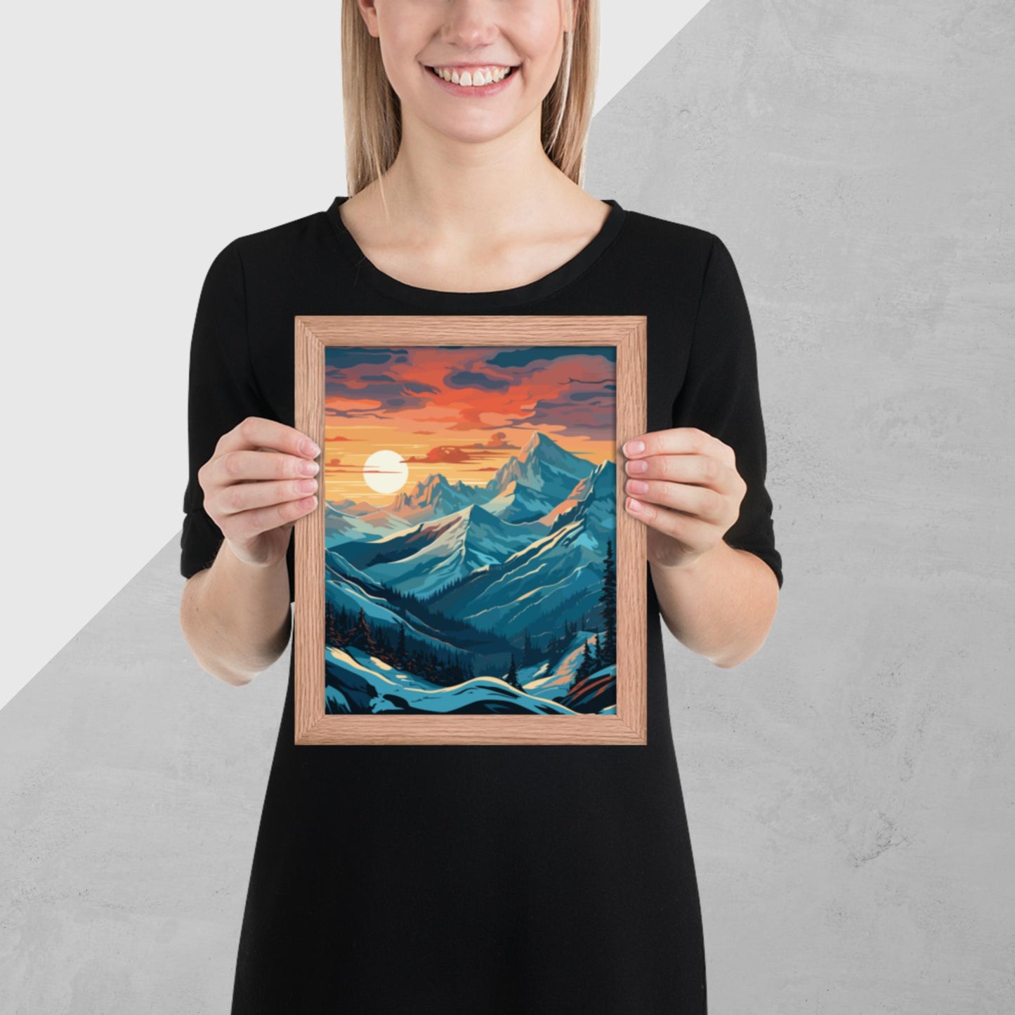 Snowy Mountain Sunset Framed Poster