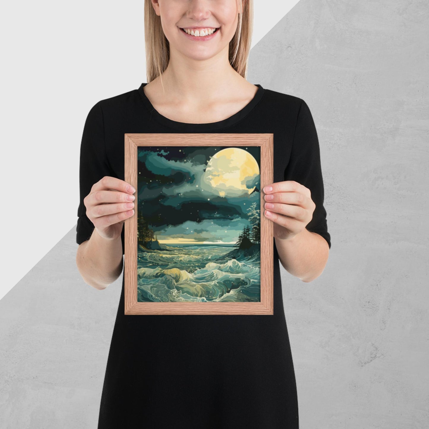 Nighttime Sea Moon Framed Poster