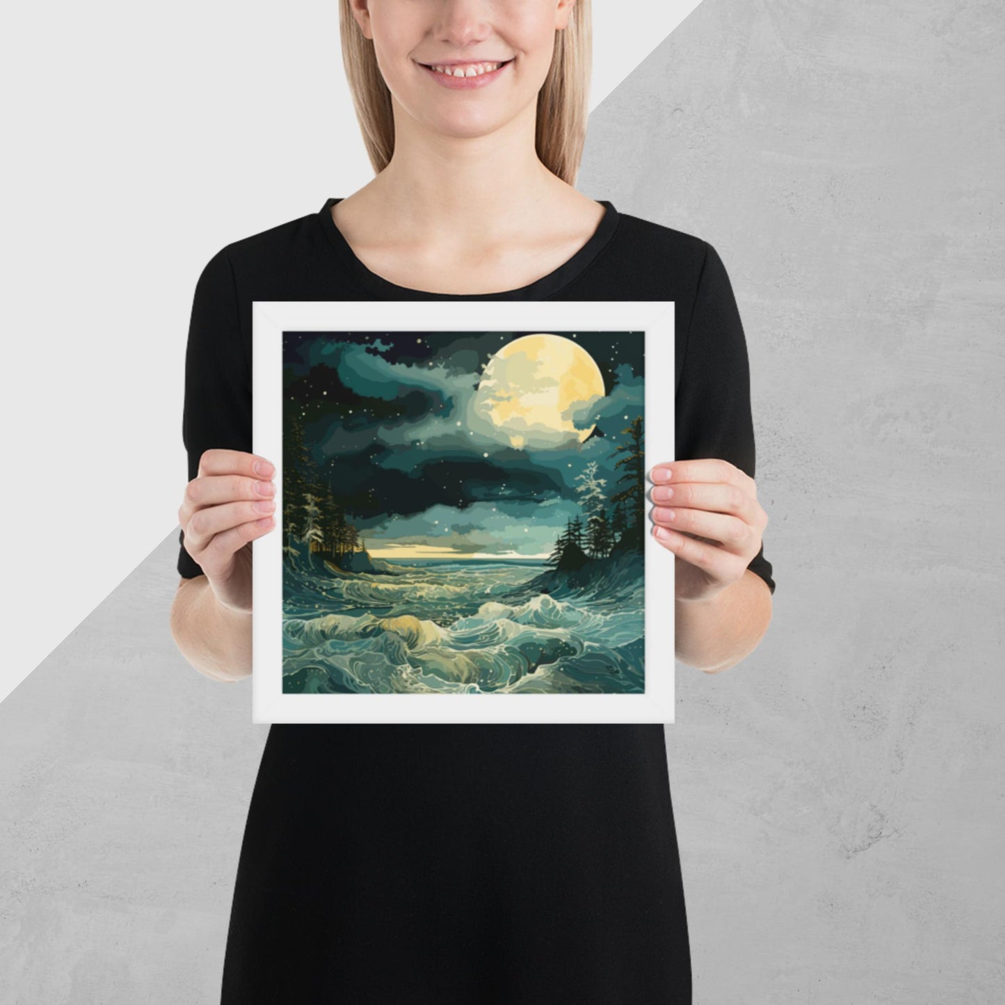 Nighttime Sea Moon Framed Poster