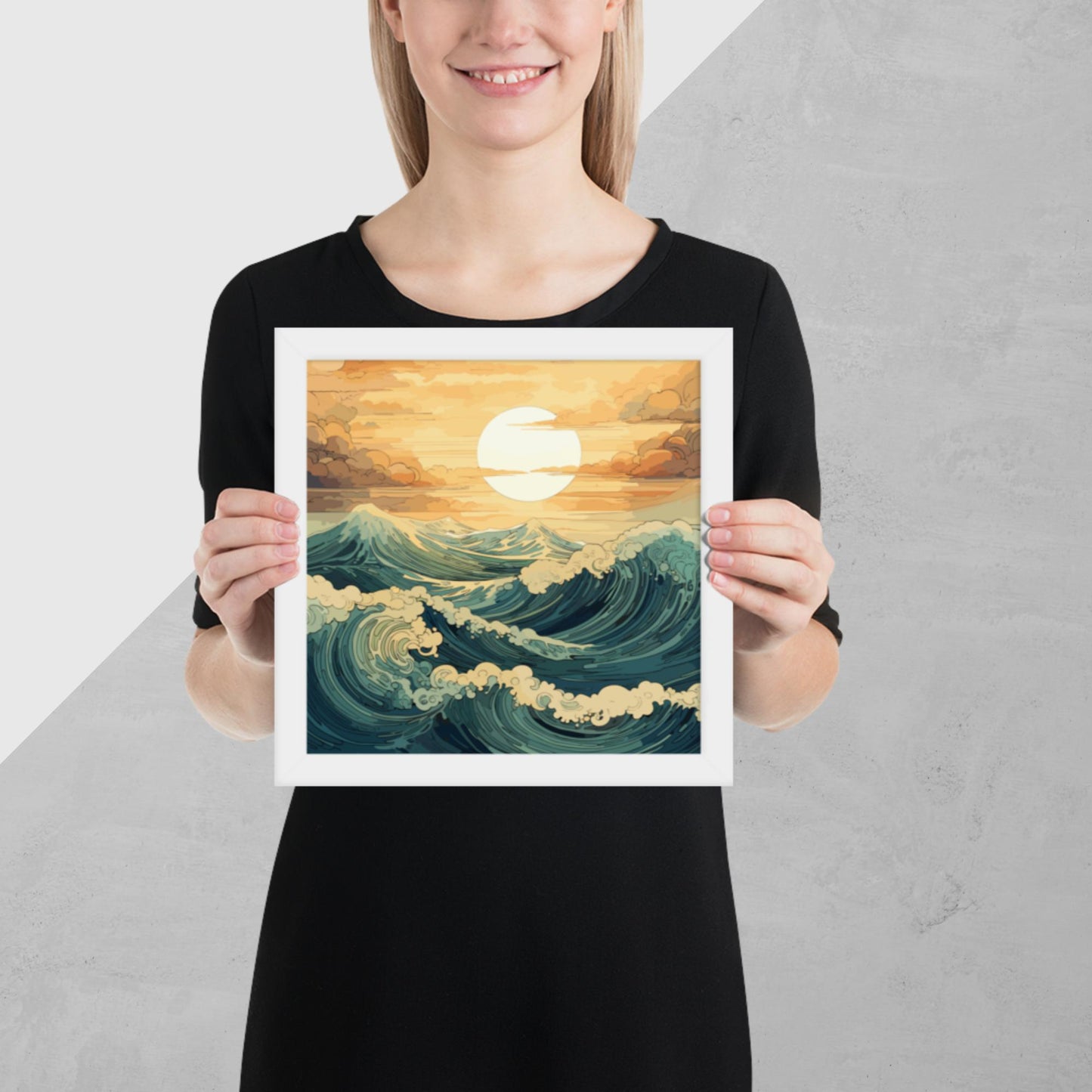 Wavy Sea Sunset Framed Poster