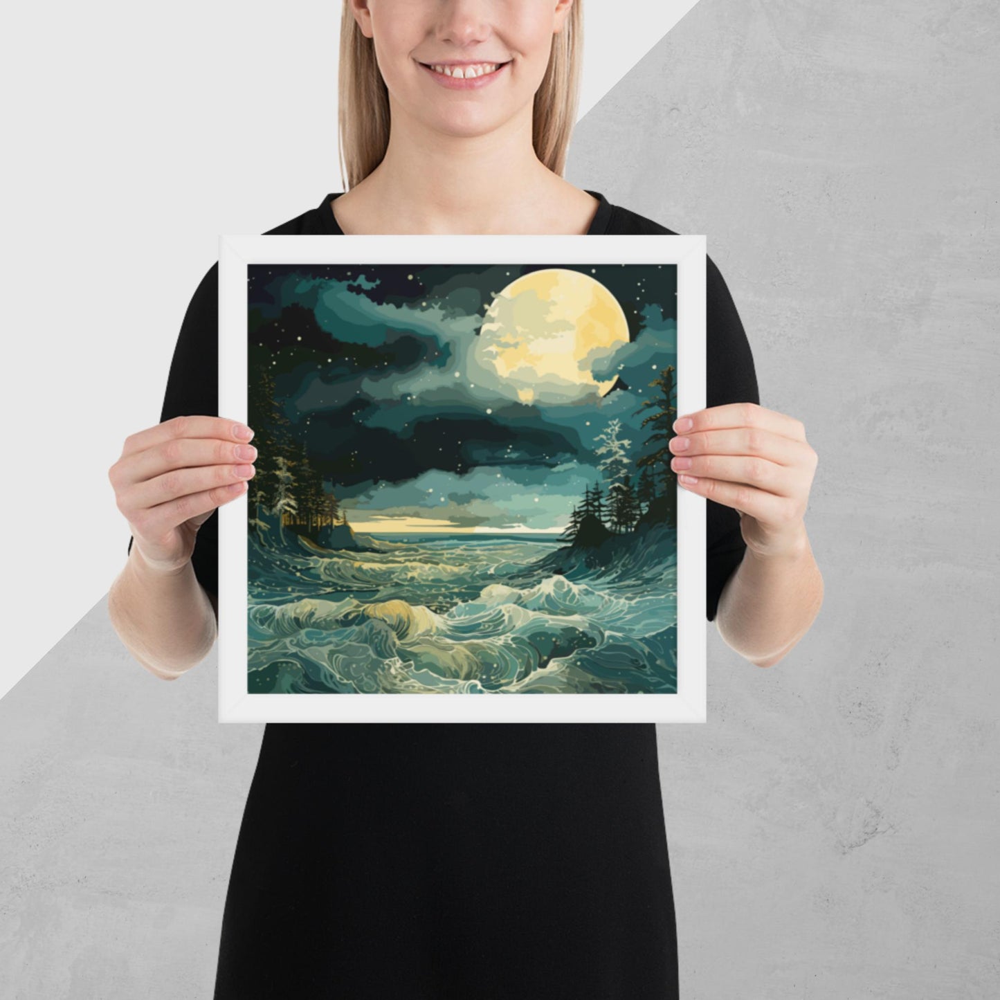 Nighttime Sea Moon Framed Poster