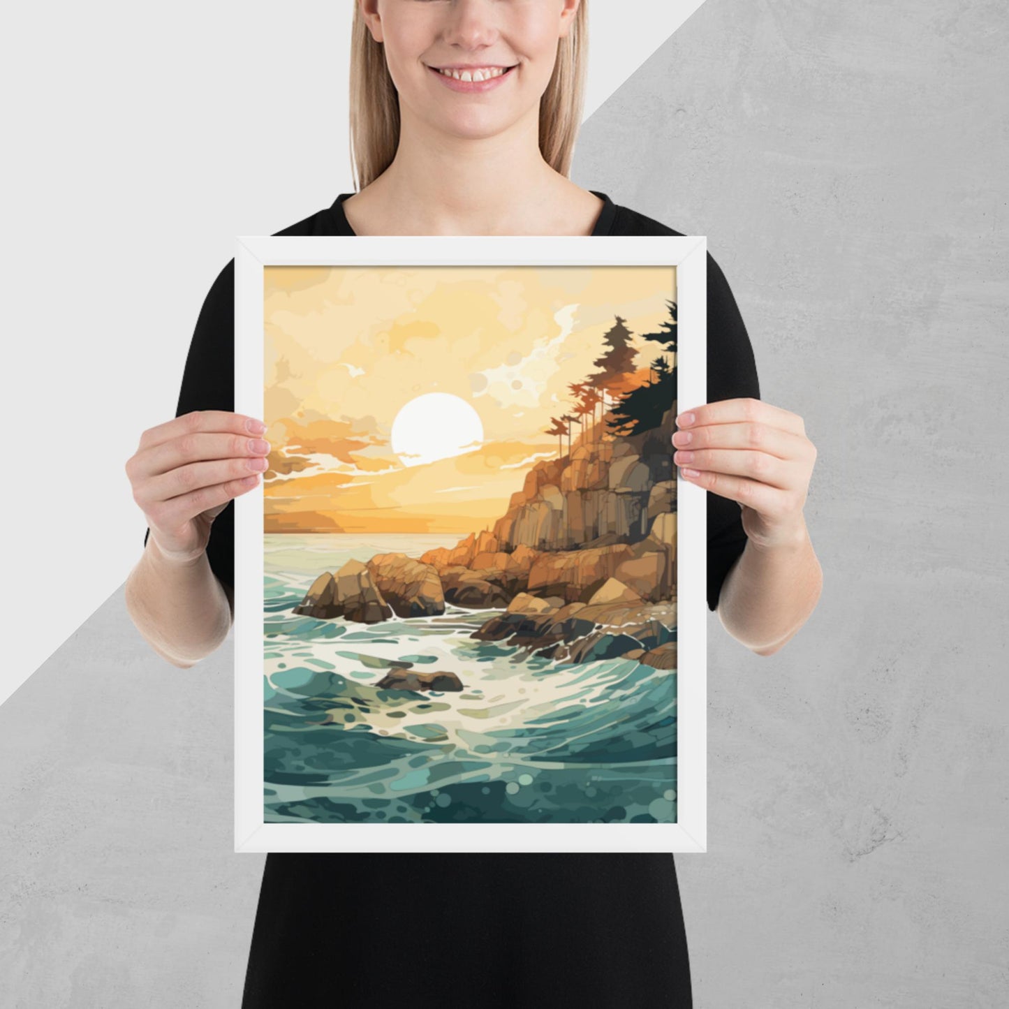 Ocean Rocks Sunset Framed Poster