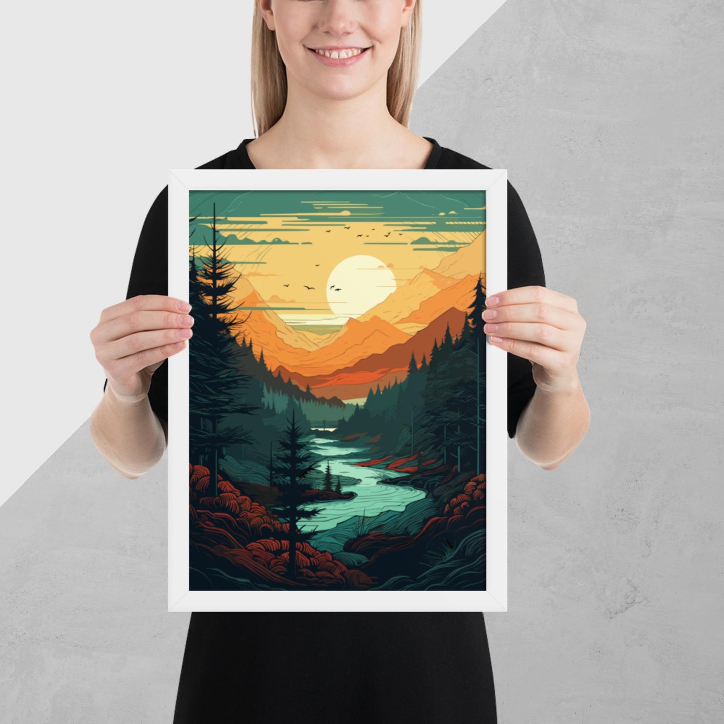 Forest River Sunset Framed Poster