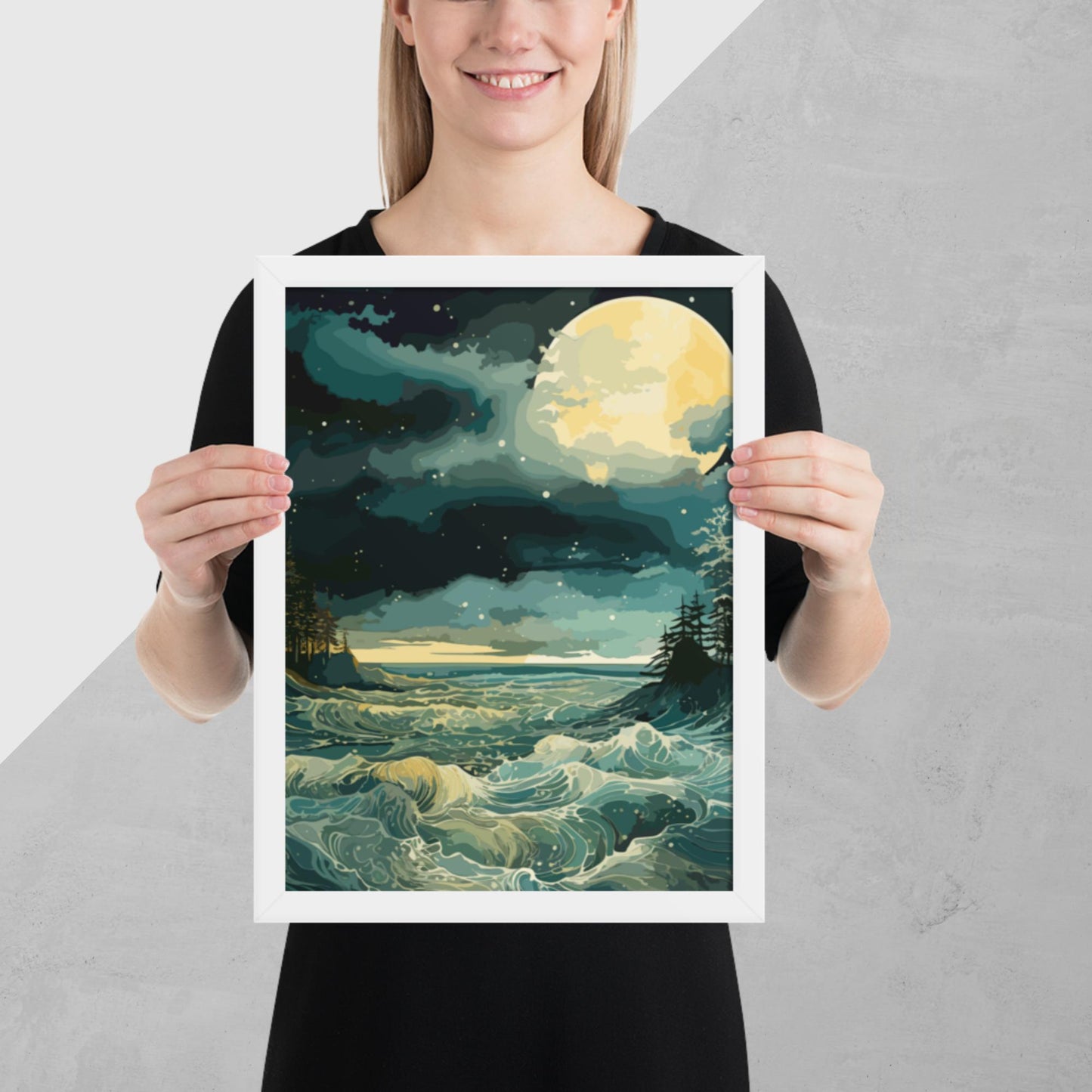 Nighttime Sea Moon Framed Poster