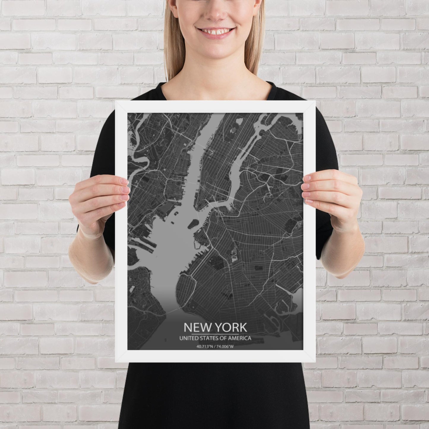 New York Dark Grey Framed Map