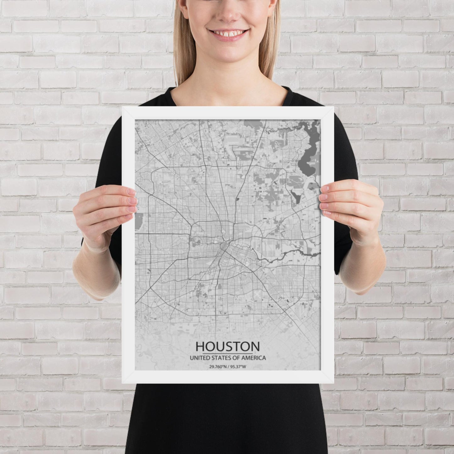 Houston Light Grey Framed Map