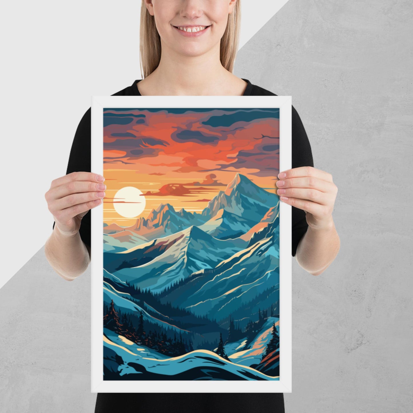 Snowy Mountain Sunset Framed Poster