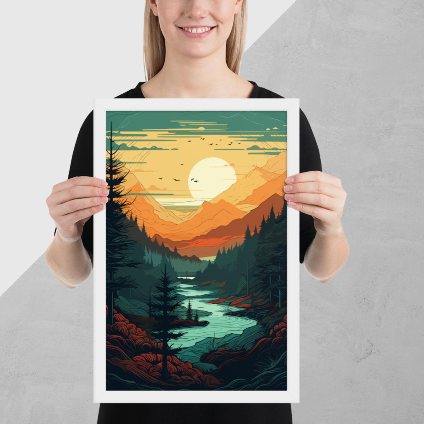 Forest River Sunset Framed Poster