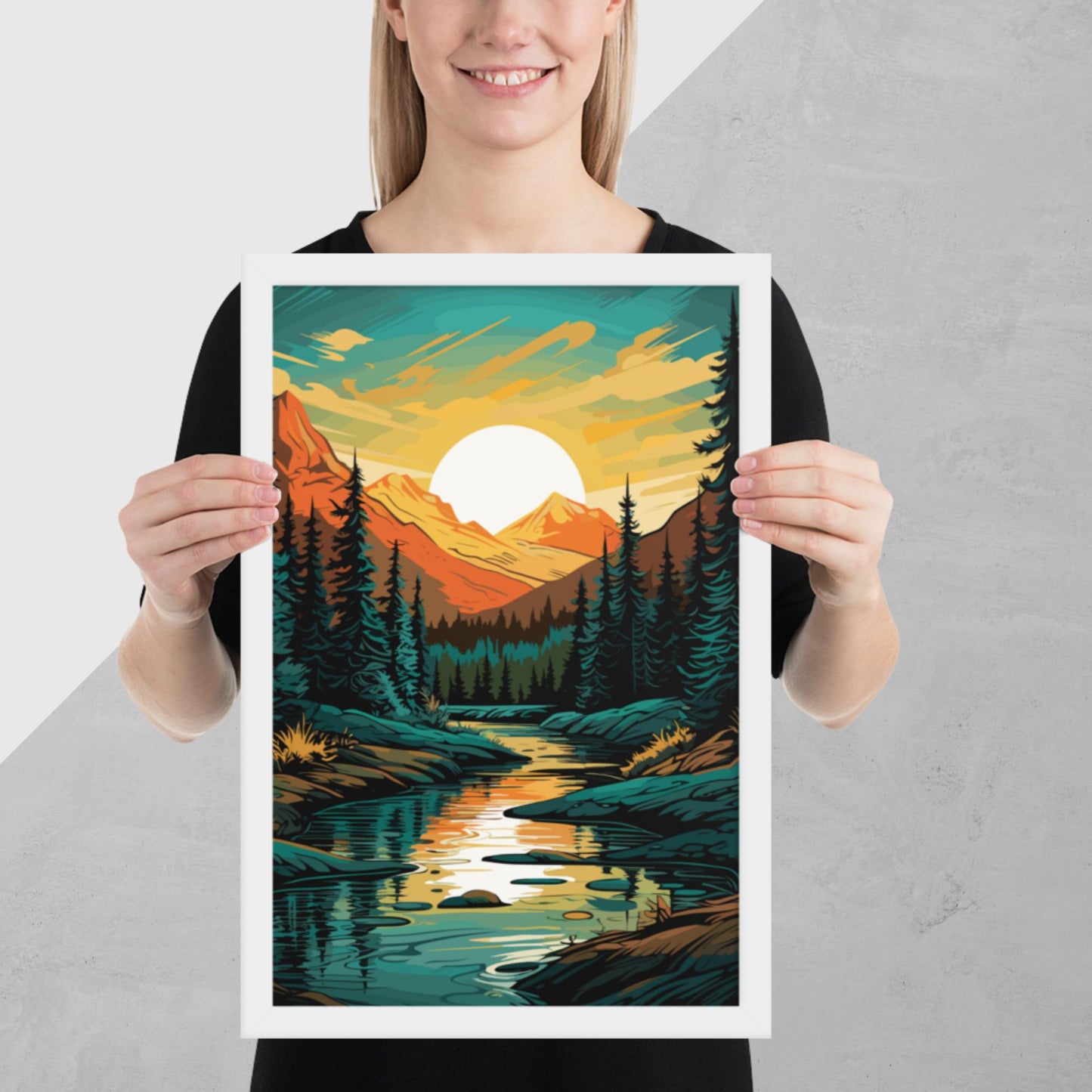 Forest Mountain River Framed Poster