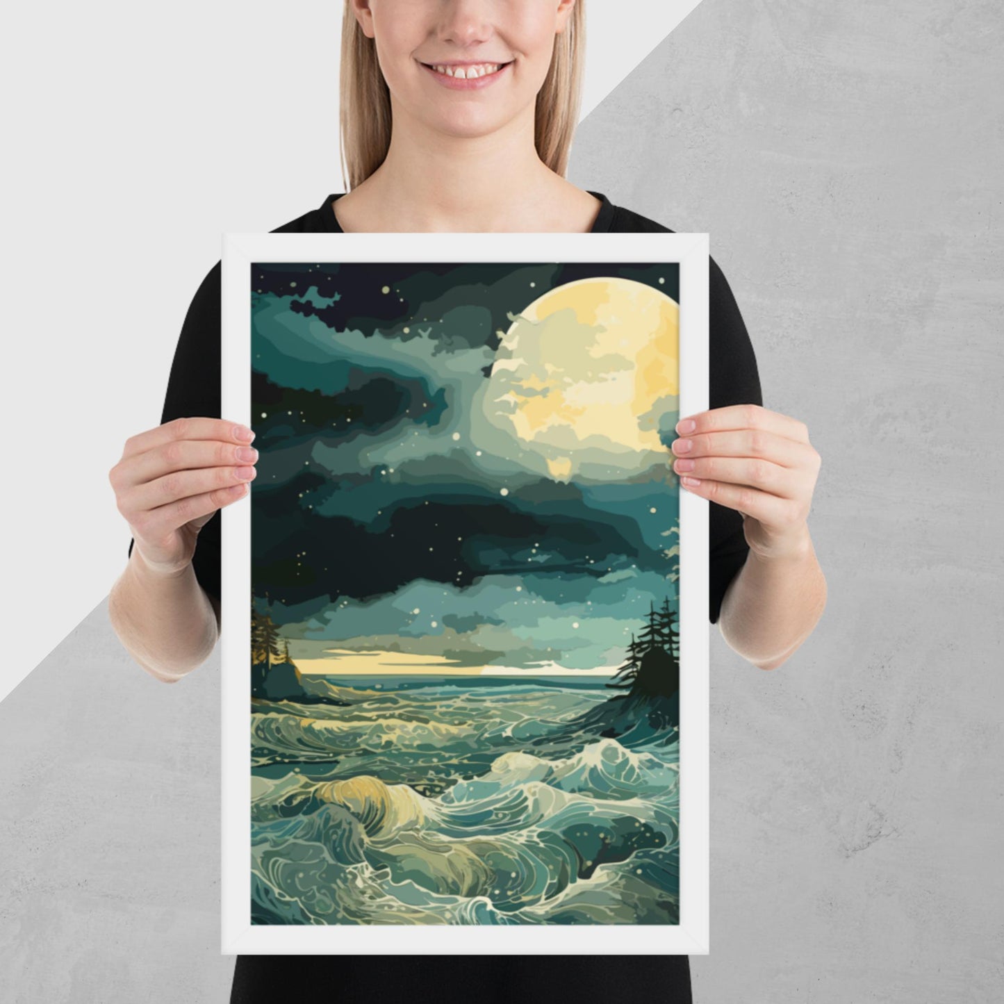 Nighttime Sea Moon Framed Poster