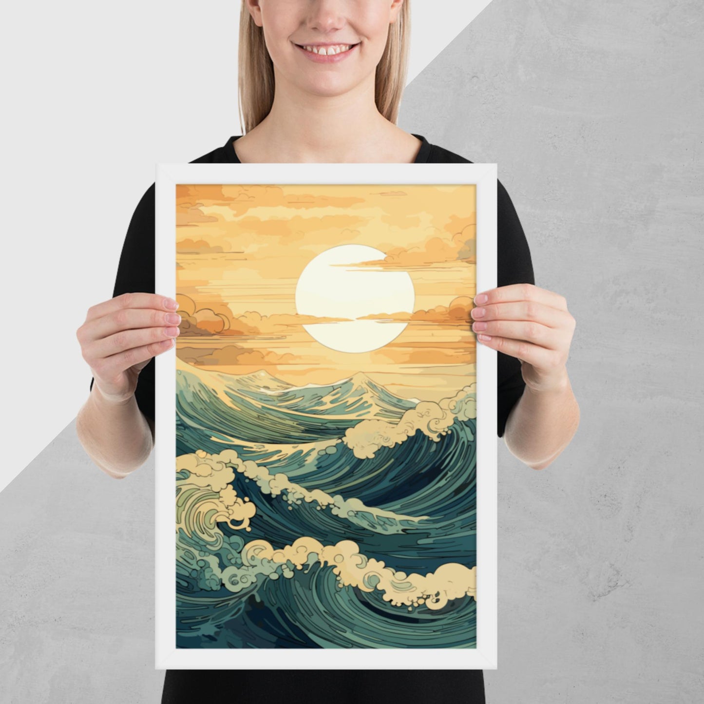 Wavy Sea Sunset Framed Poster