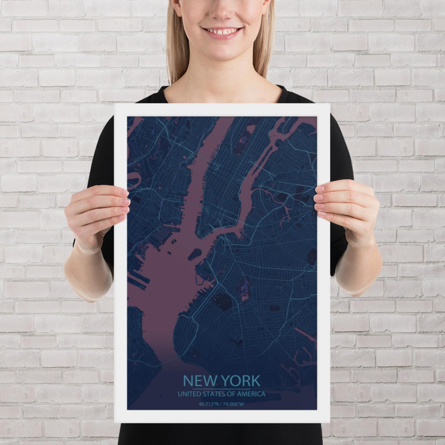 New York Blue and Purple Framed Map