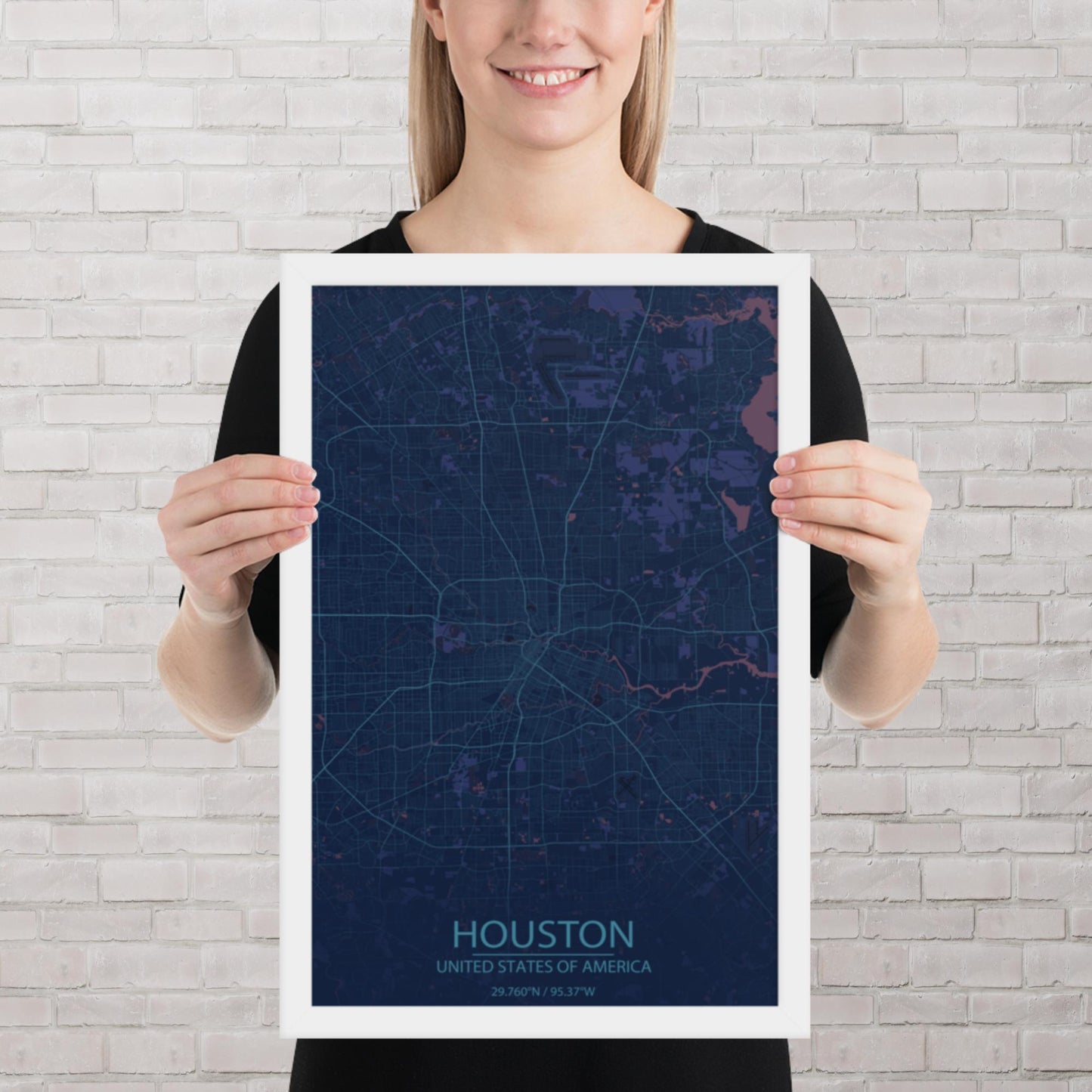 Houston Blue and Purple Framed Map