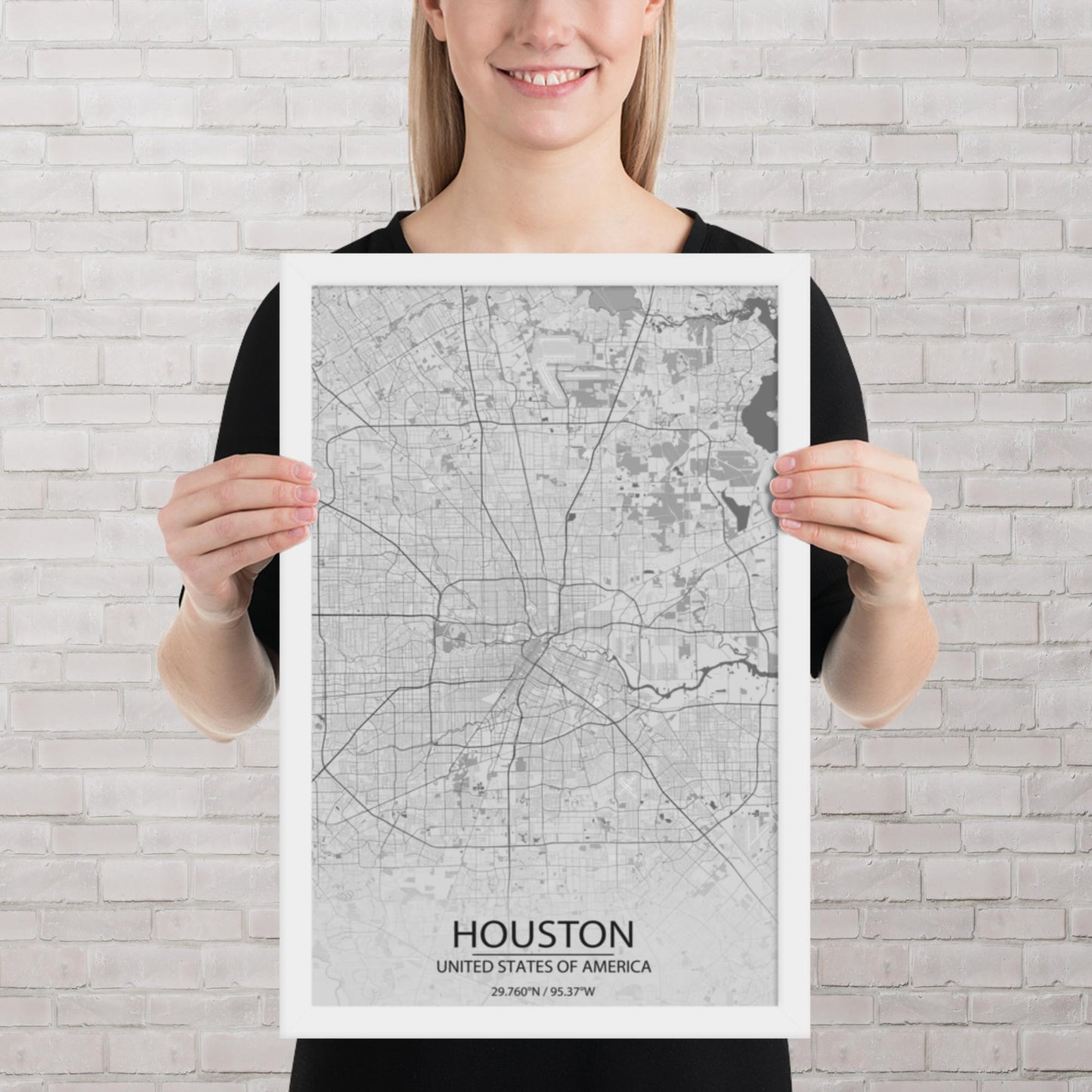 Houston Light Grey Framed Map