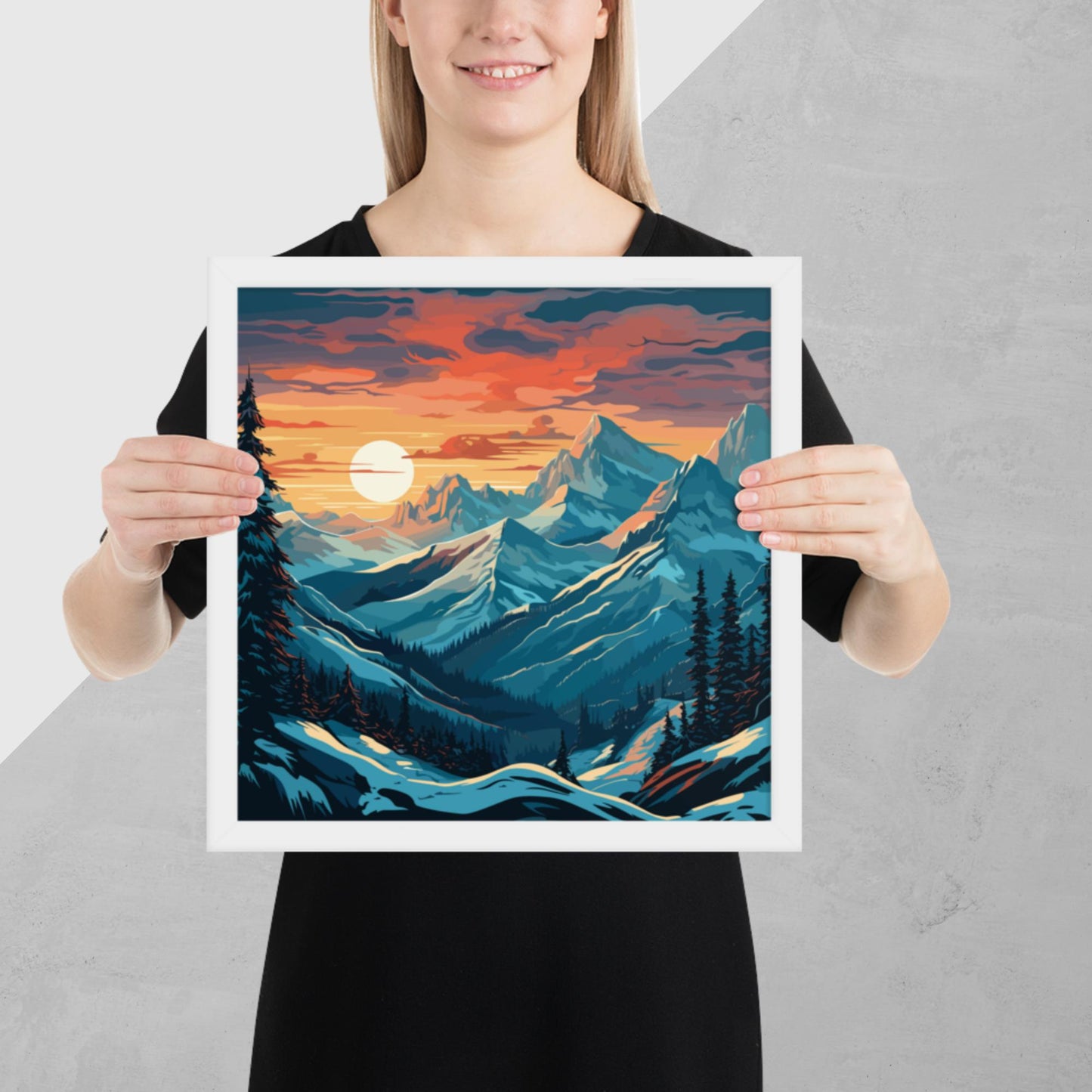 Snowy Mountain Sunset Framed Poster