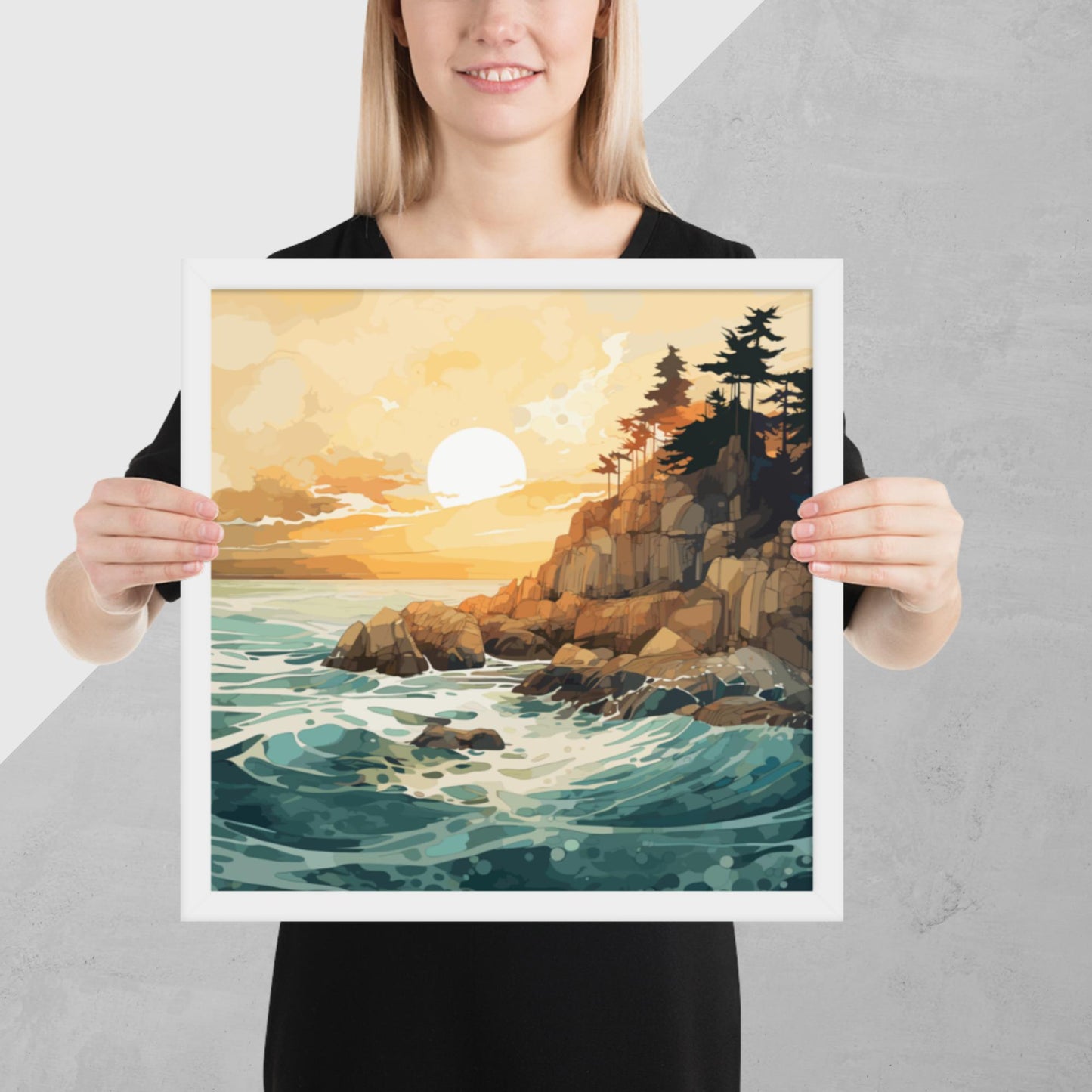 Ocean Rocks Sunset Framed Poster