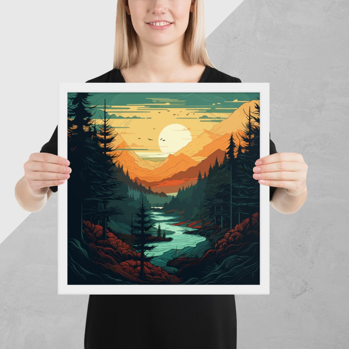 Forest River Sunset Framed Poster