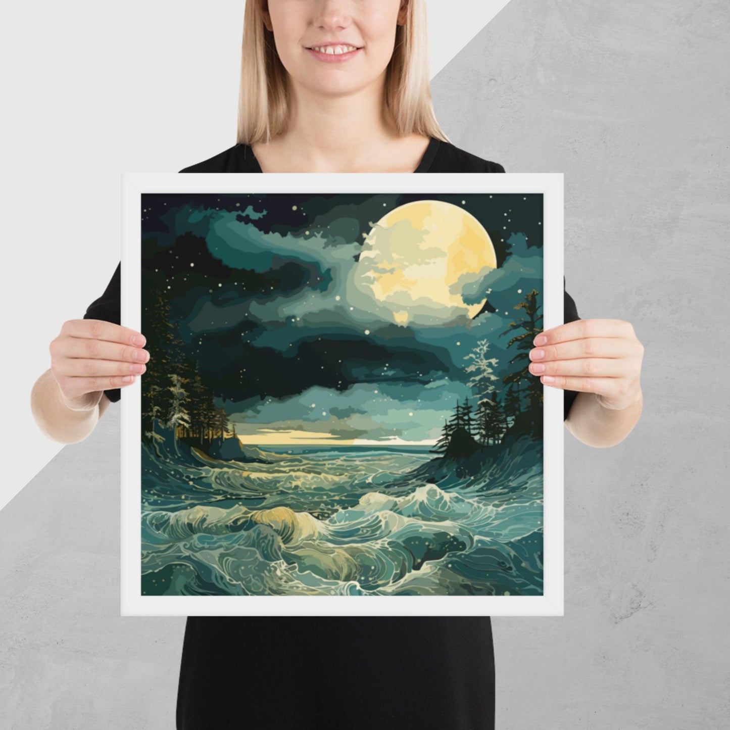 Nighttime Sea Moon Framed Poster