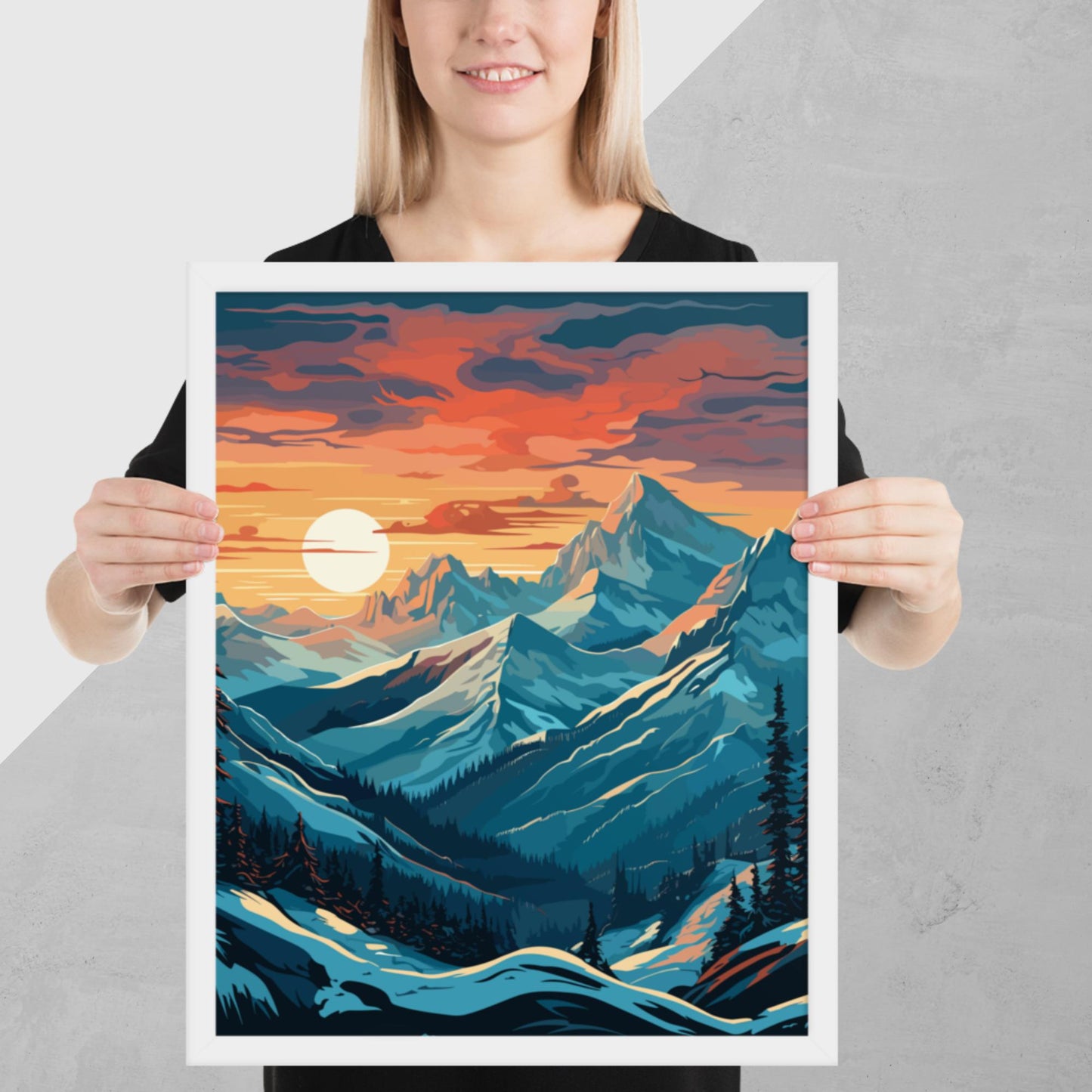 Snowy Mountain Sunset Framed Poster