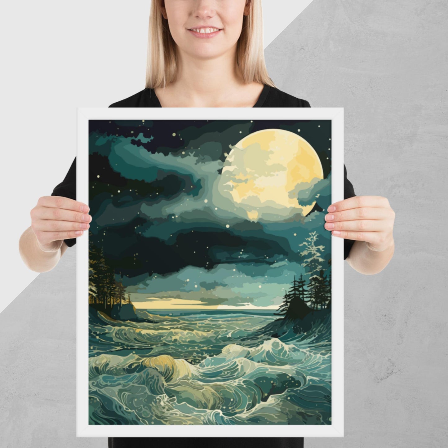 Nighttime Sea Moon Framed Poster