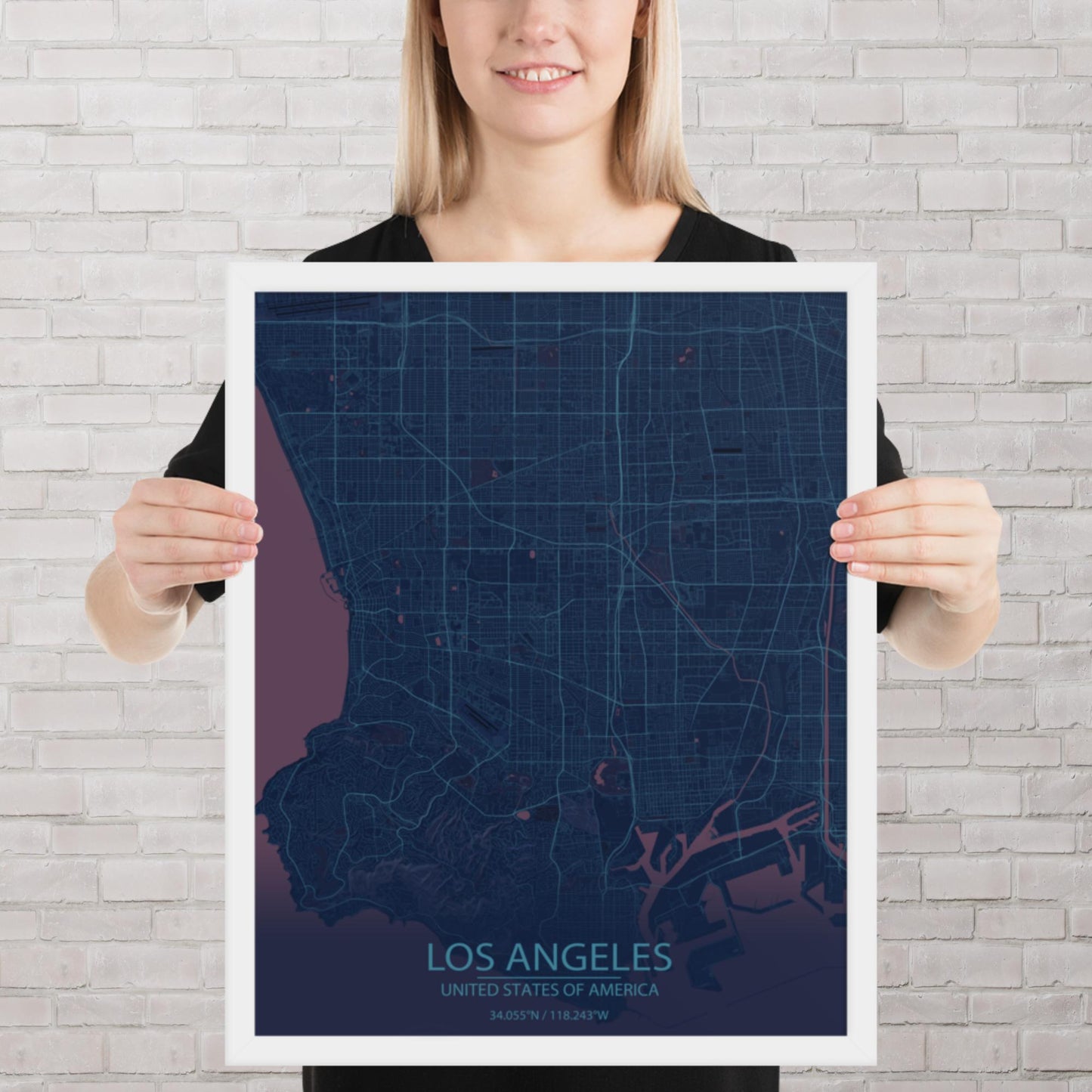 Los Angeles Blue and Purple Framed Map