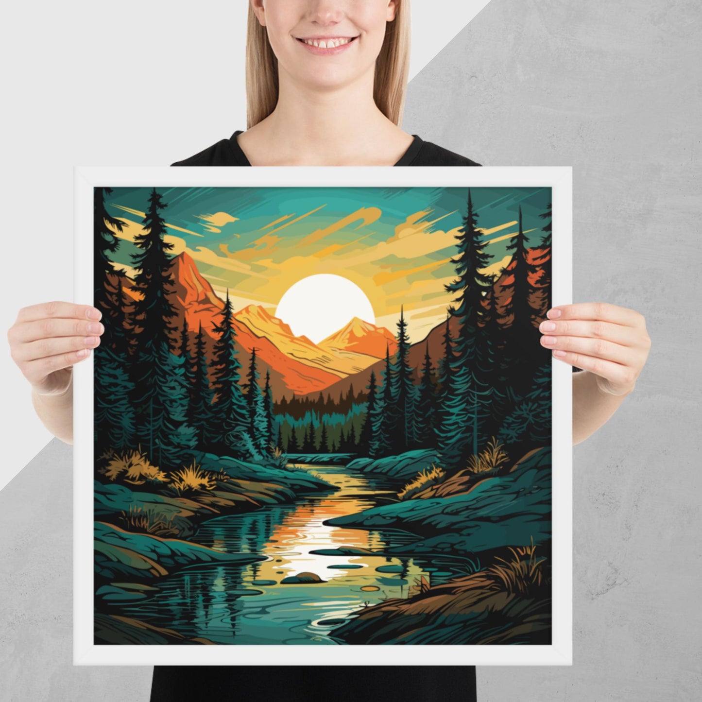 Forest Mountain River Framed Poster