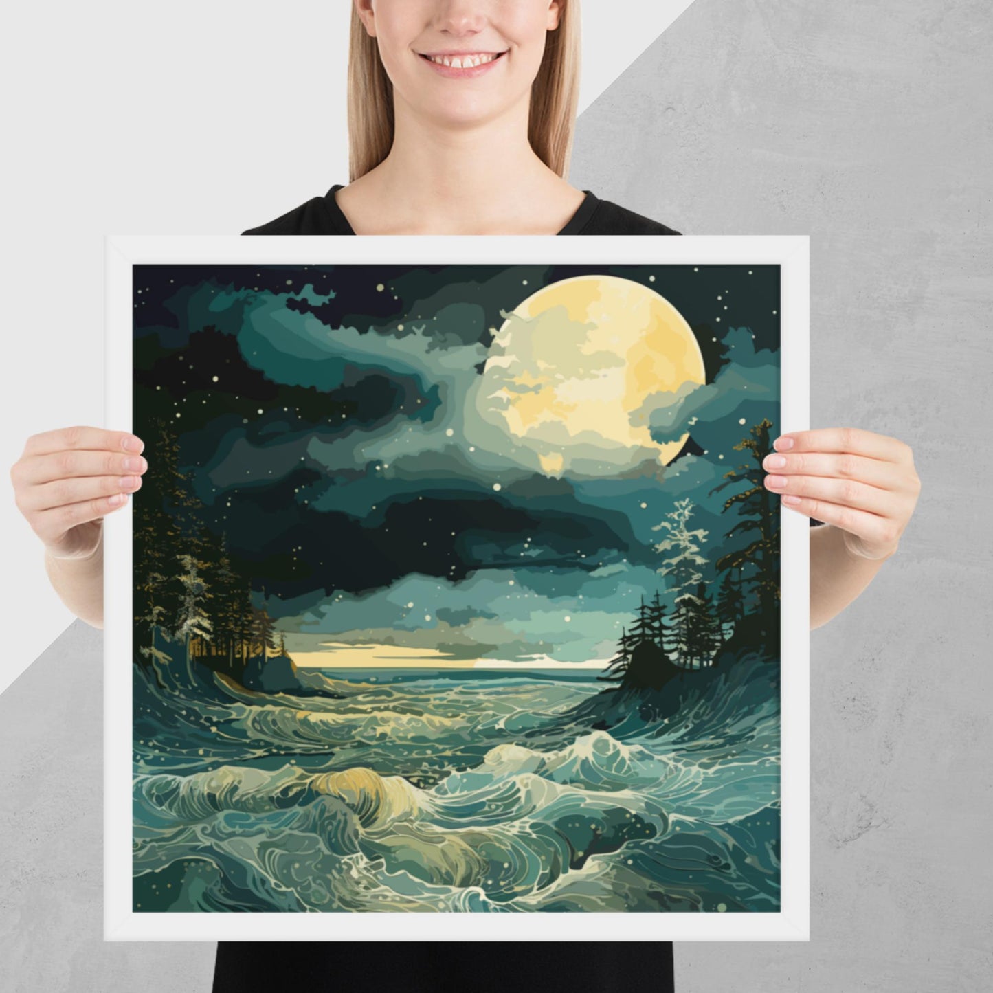 Nighttime Sea Moon Framed Poster