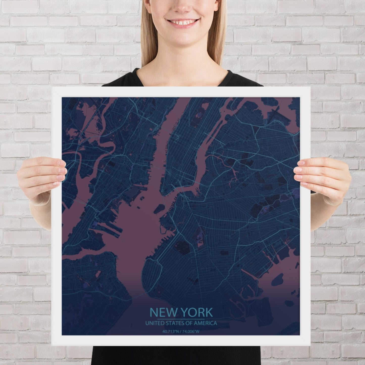 New York Blue and Purple Framed Map