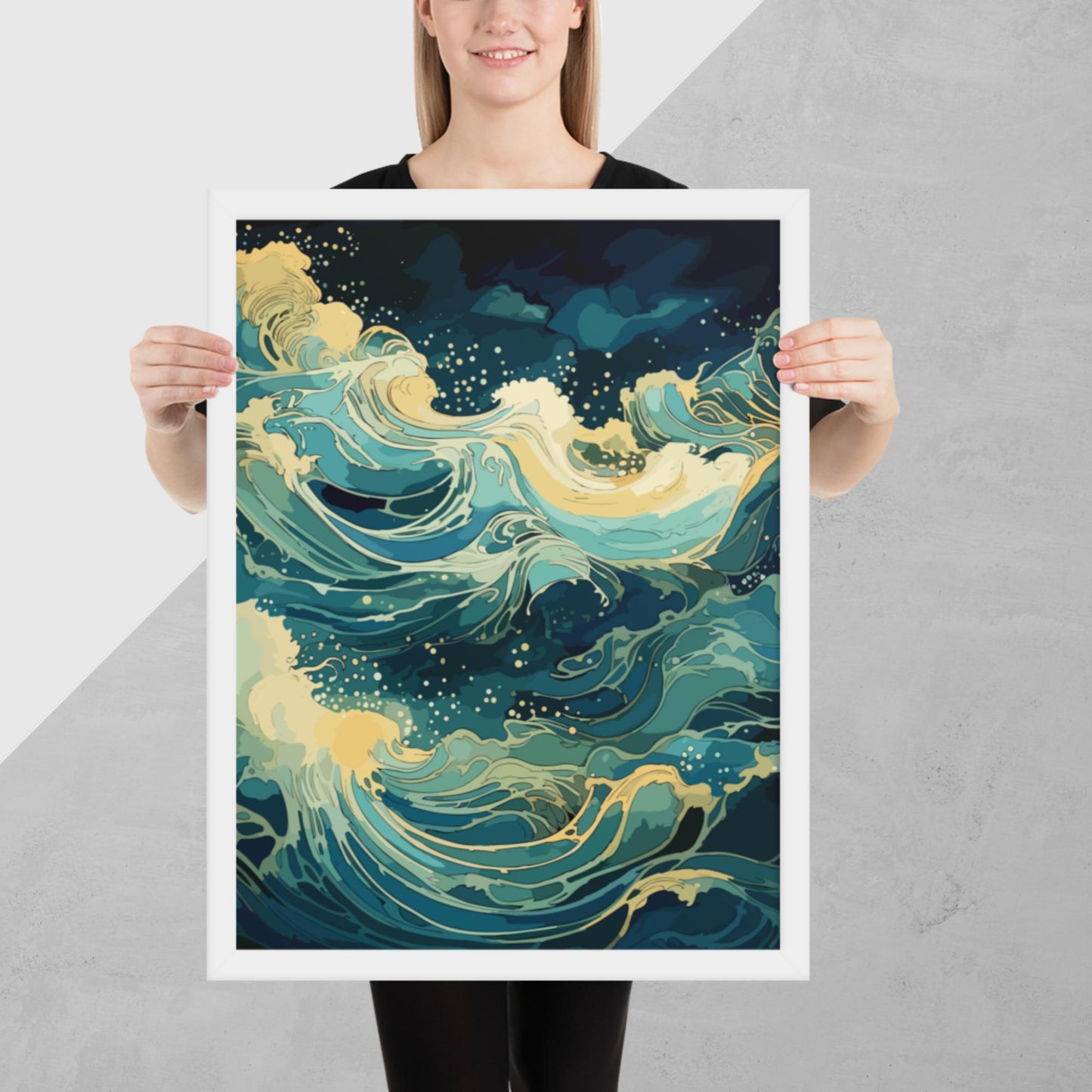 Nighttime Ocean Waves Framed Poster