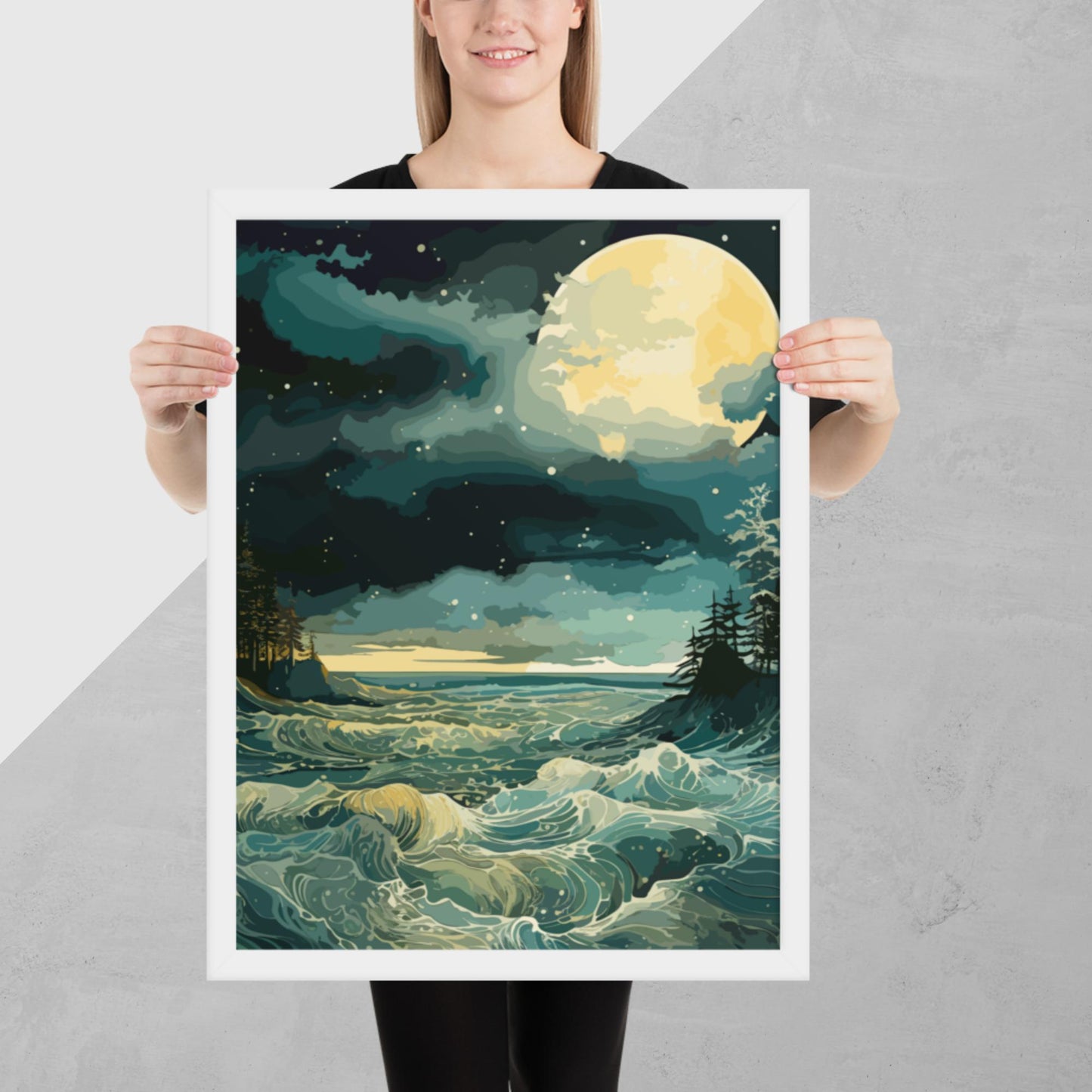 Nighttime Sea Moon Framed Poster