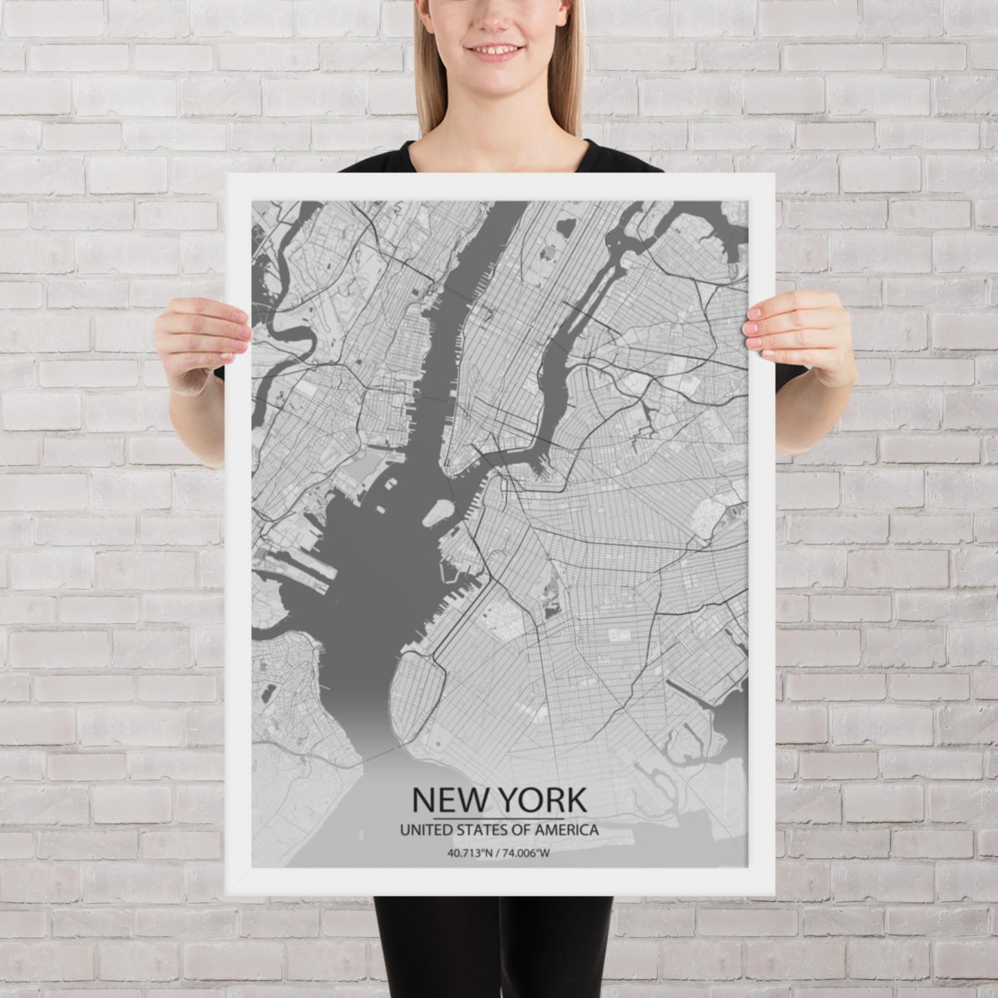 New York Light Grey Framed Map