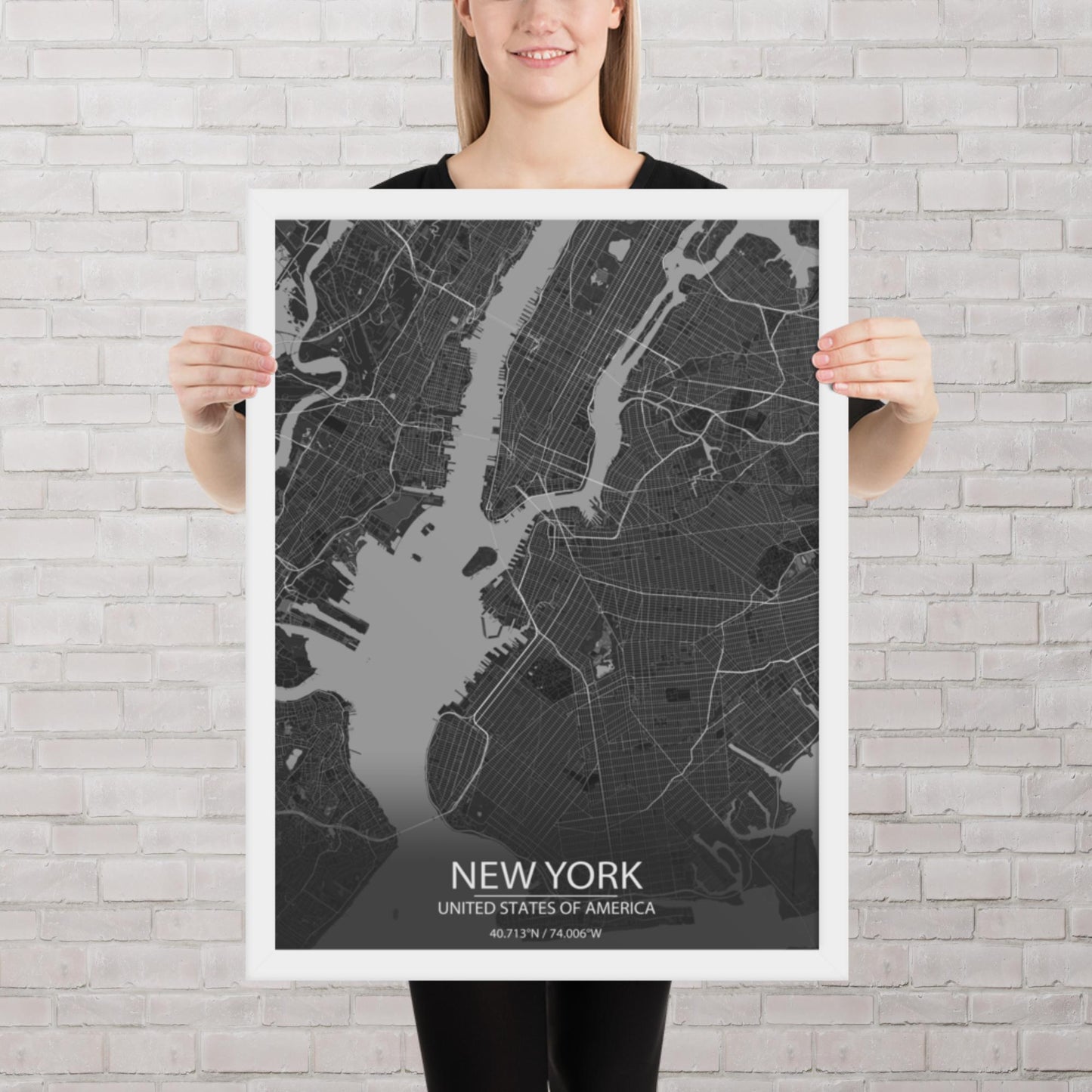 New York Dark Grey Framed Map