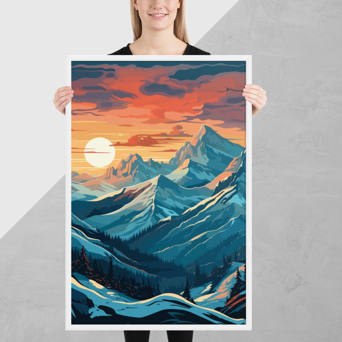 Snowy Mountain Sunset Framed Poster