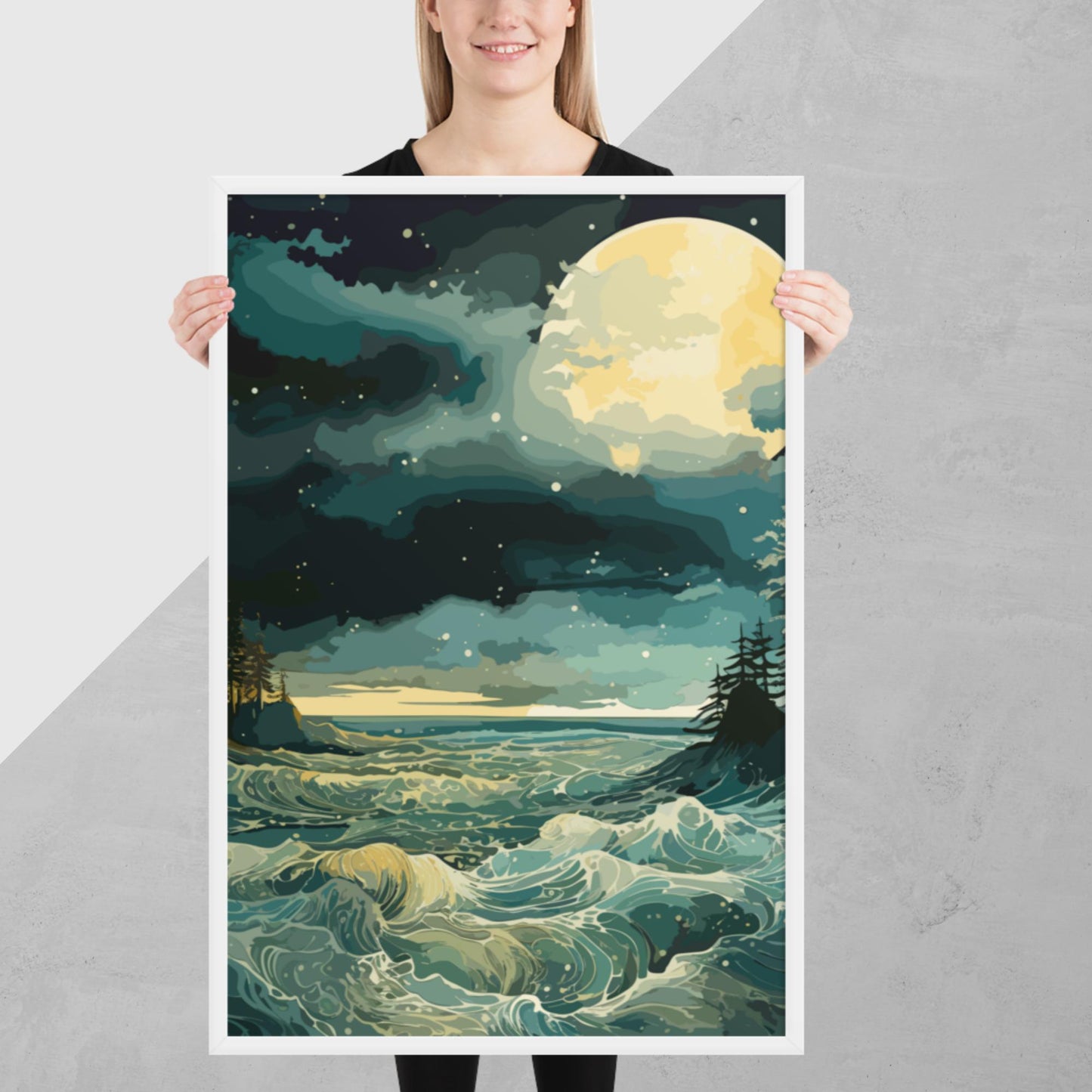 Nighttime Sea Moon Framed Poster